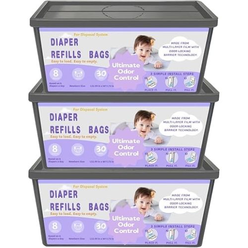 Diaper Pail Refill Bags, Compatible with Genie Easy Roll Signature Diaper Pail and Platinum Diaper Pail, 7-Layer Odor-Barrier Technology, 30 bags per pack-3 Pack