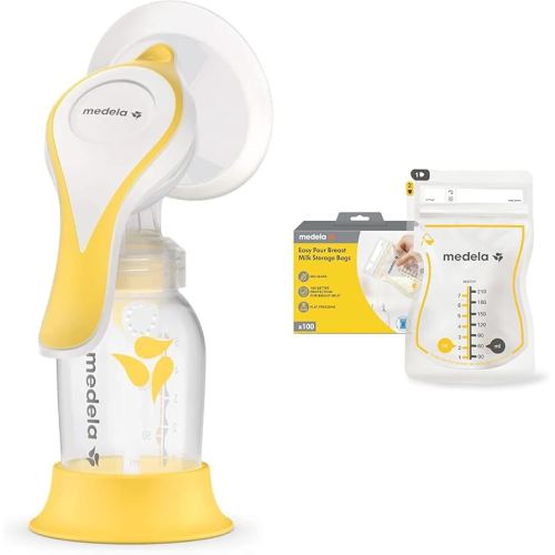 Medela Manual Harmony Breast Pump Single Hand Breast Pump + 100 Count Easy Pour Breastmilk 210ml Storage Bags for Breastfeeding