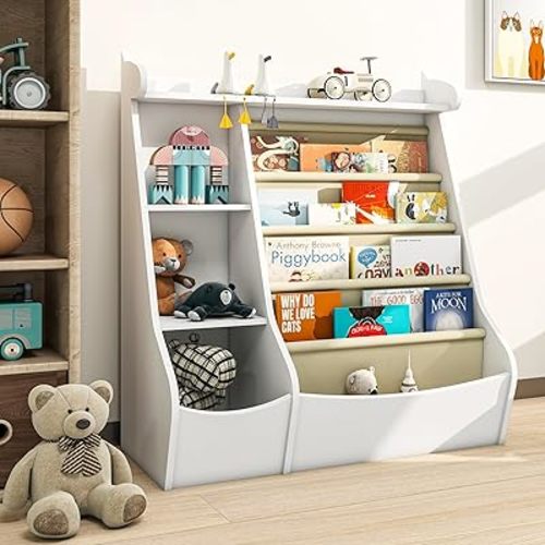Montessori Kids Bookshelf, 4 Sling Toddler Bookcase, 4 Tier Display Shelves, Wooden Book Rack, Baby Toy Storage Organizer Cabinet, Floor Children Bookshelf Nursery Playroom Bedroom Library, White