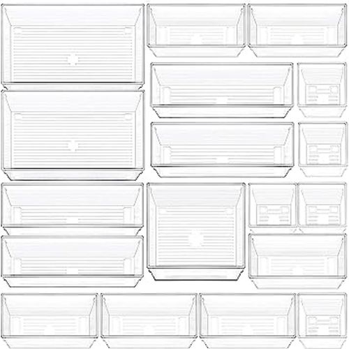 DCA 18 Pcs Clear Plastic Drawer Organizer, 5 Size Vanity Organization Bathroom Drawer Dividers for Makeup, Jewelries and Kitchen Utensils