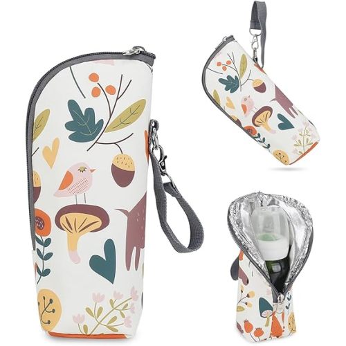 Cute Print Insulated Bottle Bag - Portable, Durable Polyester Mommy Milk Bottle Warmer Bag with Zipper Closure for Nursing Mom Daycare Travel and Daily Use