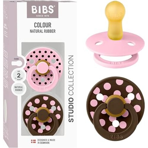 BIBS Polka Dots Pacifier 2-Pack, BPA Free Pacifiers with a Round Latex Nipple, Made in Scandinavia, Size 2 (6-18 Months), Baby Pink/Mocha