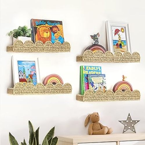 AELS Scalloped Nursery Bookshelf, Set of 4, Picture Ledge Shelf for Wall Decor, Woven Straw Paper Floating Shelves for Books, Toys, Photo Frames, Nursery, Boho Modern Farmhouse Book Shelf