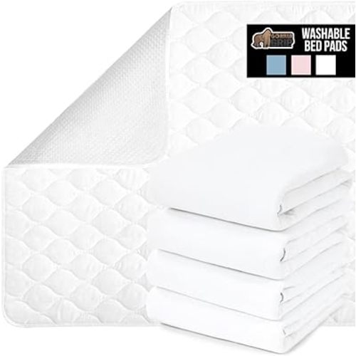 Gorilla Grip Washable Underpads, Waterproof Reusable Heavy Absorbency Incontinence Bed Pads, Leak Proof Toddler Mattress Pads, 36x32 4 Pack, Slip Resistant Pad for Bedwetting, Adults, Kids, White