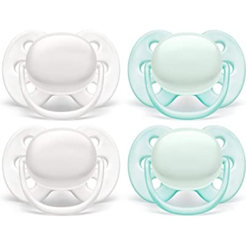 Philips AVENT Ultra Soft Pacifier, 0-6 Months, Arctic White/Green, 4 Pack, SCF214/40