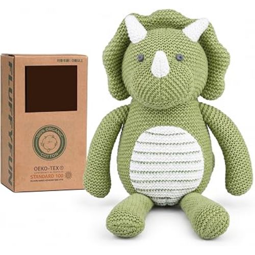 FLUFFYFUN 100% Organic Cotton Baby Dinosaur Stuffed Animal 7.1"