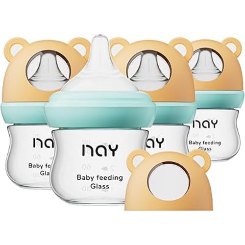 Natural Glass Baby Bottle for Breastfeeding Babies, 3oz Newborn Anti-Colic Baby Bottle with Slow Flow Nipples (SS), Clear, Wide Neck, 4 Pack, 0 Months+