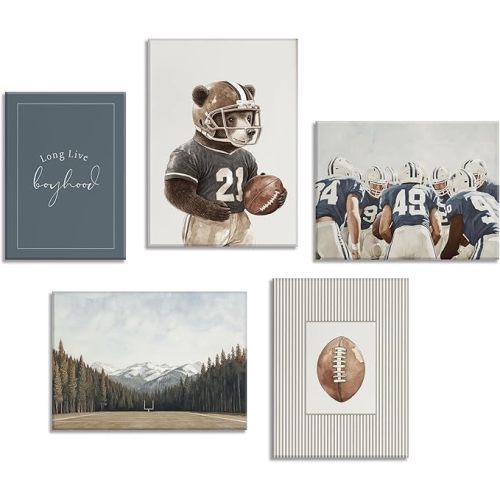5Pcs Vintage Sports Nursery Wall Art Football Sports Wall Decor Teddy Bear Team Field Posters Vintage Boys Room Pictures for Teen Room Home Decor Framed