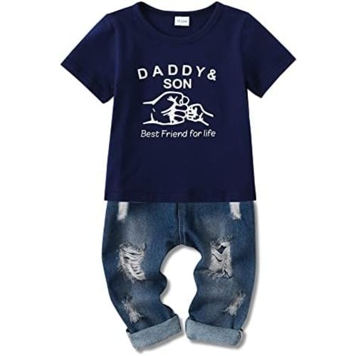 YALLET Toddler Boy Clothes 1-5T Boys Outfits Infant Short Sleeve T-Shirt Ripped Jeans 12 18 24 Months Baby Clothing Pants Set
