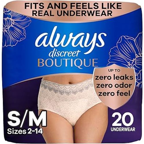 Always Discreet Boutique Incontinence and Postpartum Underwear for Women, Maximum Protection, Small/Medium, Rosy, 20 Count
