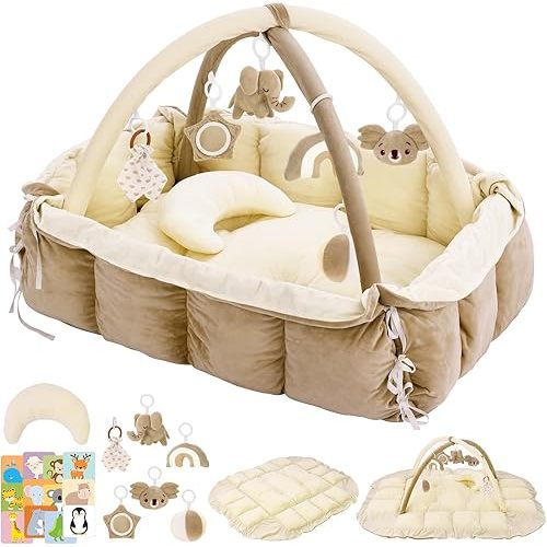 5-in-1 Baby Play Gym and Tummy Time Mat, Tummy Time Pillow & 12 Learning Cards, Plush Activity Mat with 6 Toys, Baby Gym, Convertible to Ball Pit, Cream