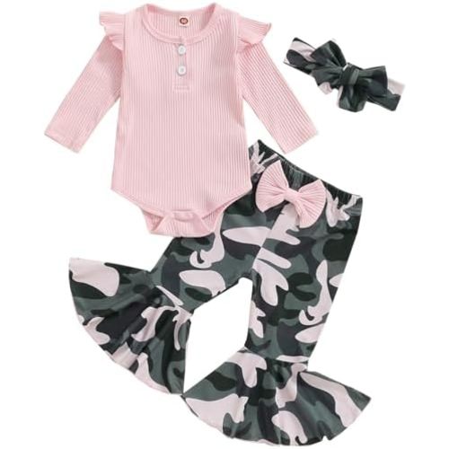 Mubineo Baby Girl Clothes Romper Pant Outfits Long Sleeve Bodysuit Tops Fashion Newborn Floral Bell Bottom Pant Outfit