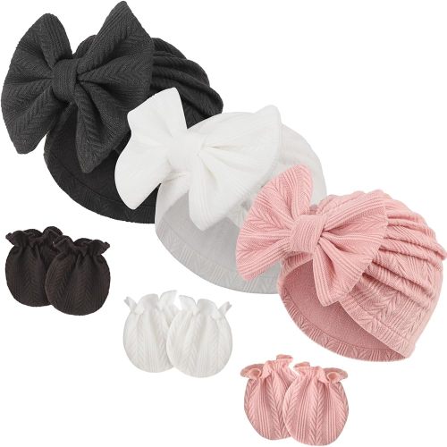 BQUBO Newborn Baby Hospital Hats Beanie Bow Infant Caps Baby Cotton No Scratch Mittens Set for 0-6 Months
