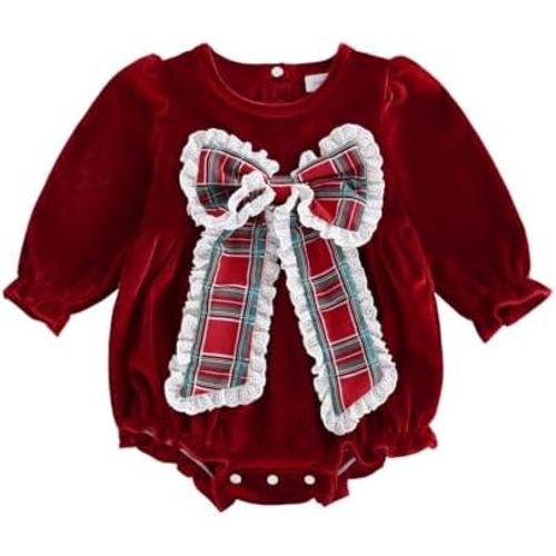 My First Christmas Baby Girl Outfit Big Bow Velvet Bubble Romper Newborn Onesie Infant Toddler Fall Winter Clothes