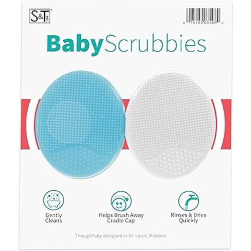 S&T INC. Exfoliating and Massaging Cradle Cap Bath Brushes for Baby, Silicone - 2 Inch x 2.5 Inch, Blue and White, 2 Pack