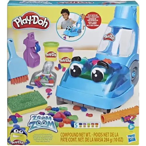 Play-Doh Zoom Zoom Vacuum and Cleanup Toy, Kids Vacuum Cleaner with 5 Cans, Cleaning Toys for 3 Year Old Girls and Boys and Up, Non-Toxic