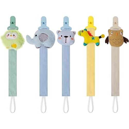 5 Pack Pacifier Clips for Baby Girls and Boys, Multicolor Fabric Straps,5pcs Straps, Approx. 11 in / 29 cm, Resin Clips with Inner Grip Design, Fits Most Pacifiers with Handles(15)
