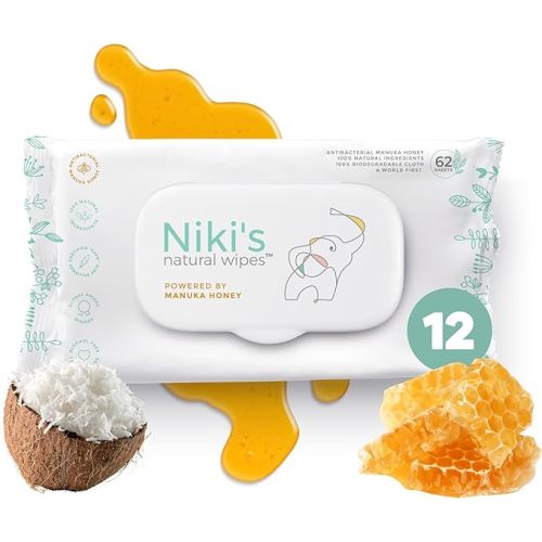 Niki's Natural Baby Wipes | Sensitive Organic Baby Wipes | Made with Manuka Honey and Coconut Oil, No Added Scents | EWG Verified | 744 Wipes (12 Pack x 62 Count Wipes) Baby Wipes Bulk