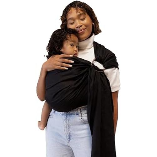 WildBird - Ring Sling Baby Carrier - Newborn to Up to 35 lbs - for Moms, Dads & Caregivers - 100% Natural European Linen Fibers - Versatile & Adjustable - 74” Size - Raven Fabric & Gold Ring