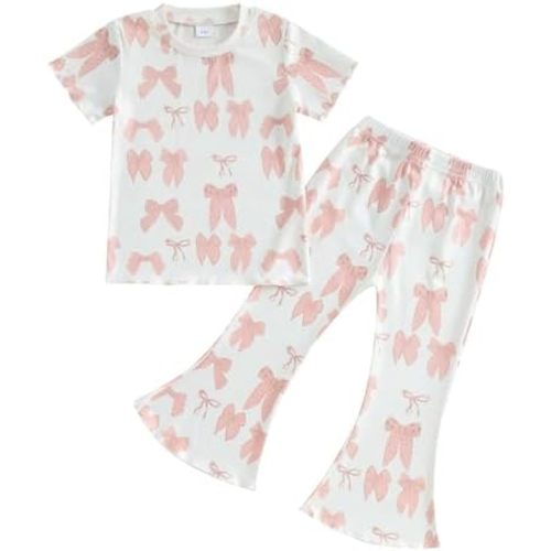 Lamuusaa Toddler Baby Girl Summer Clothes Short Sleeve T-shirt Bow Print Elastic Flared Pants 2Pcs Clothes Set 1-5T
