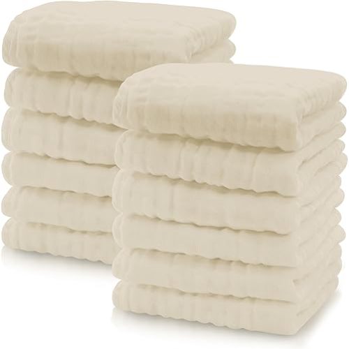 Cute Castle 12 Pack Muslin Baby Washcloths - Large 12'' by 12'' - Ultra Soft 100% Cotton - Super Absorbent Burp Cloths for Unisex, Boy, Girl -Ivory