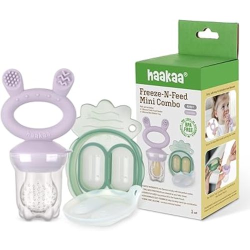 Haakaa Freeze-N-Feed Mini Combo with Silicone Food Feeder & Silicone Mini Nibble Tray|Baby Solid Food Self Feeder|Breastmilk Popsicle Mold Storage & Feeder for Soothing Baby Gums 1 PK