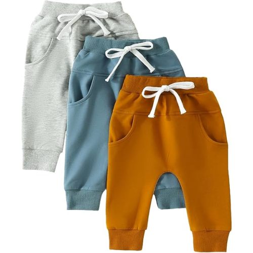Toddler Baby Boy Fall Pants 3 Pack Active Jogger Casual Athletic Trousers Solid Color Pocket Elastic Waist Harem Bottoms