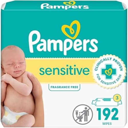 Pampers Sensitive Baby Wipes, Water Based, Hypoallergenic and Unscented, 3 Refill Packs (192 Wipes Total)