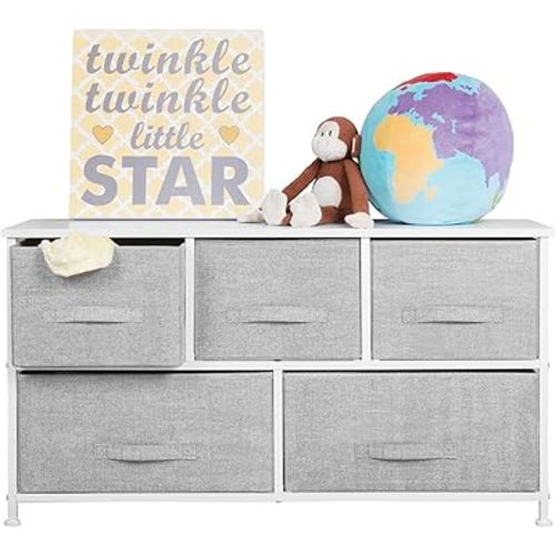 mDesign 21.65" High Steel Frame/Wood Top Storage Dresser Furniture with 5 Fabric Drawers, Wide Bureau Organizer for Baby, Kid, and Teen Bedroom, Nursery, Playroom, Dorm - Lido Collection, Gray