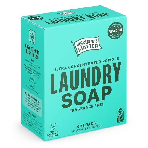 Ingredients Matter Powder Laundry Soap - Fragrance Free, Hypoallergenic Detergent, Natural & Eco-Friendly, Plastic Free, Made in USA, Natural Essential Oils & Dermatologist Tested - 30 oz, 60 Loads