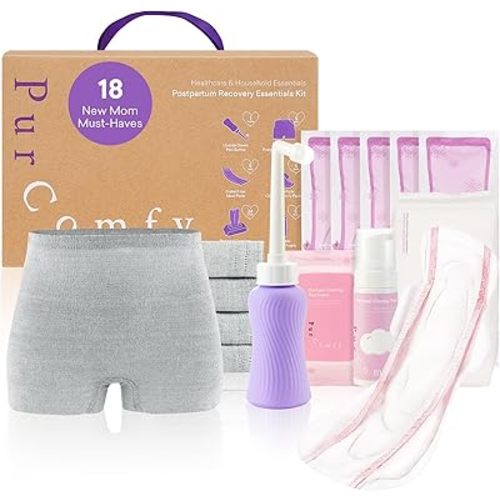 PurComfy 18 Pcs Postpartum Essentials Recovery Kit, Includes 5 Disposable Underwear, 24 Perineal Pad Liners, Perineal Care Foam, 5 Instant Ice Pads, Peri Bottle and 5 Postpartum Pads