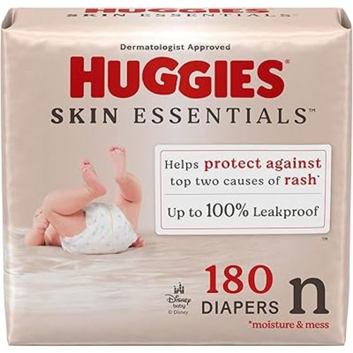 Huggies Size Newborn Diapers, Skin Essentials Baby Diapers, Size Newborn (6-9 lbs), 180 Count (3 Packs of 60), Packaging May Vary