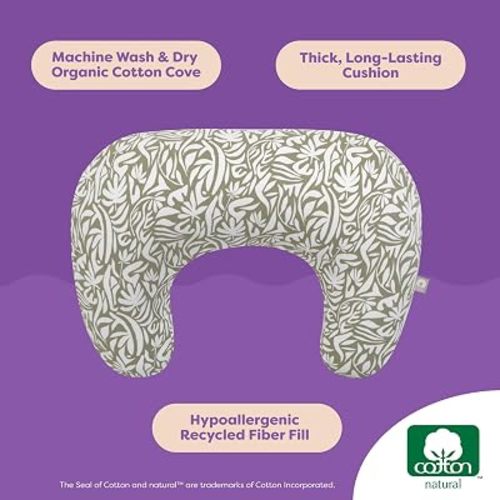 Boppy Nursing Pillow - Ergonomic Bottle & Breastfeeding Pillow, Higher, Firmer & Larger, Water-Repellent with Washable Organic Cotton Cover, Baby Safety Alliance Verified - Green Cut Out Leaves