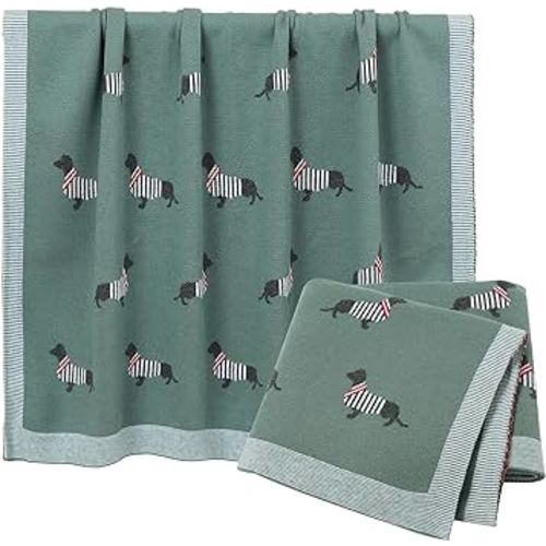 Opewod Baby Blanket Knitted 100% Cotton Soft Blankets for Newborn Boy Girls Cute Dog Dachshund 30x40 inches Green