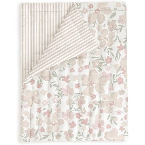MakeMake Organics Organic Toddler Comforter GOTS Certified Organic Kids Blanket Cotton Infill Tufted - Reversible Ultra Soft Breathable Toys Girls (44"x60", Blossom + Beige Stripes)