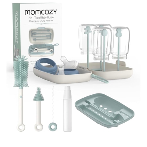 Momcozy Bottle Brush Set - Baby Bottle Cleaner Kit with Silicone Brush, Nipple Brush, Straw Brush, Soap Dispenser, Drying Rack - 7 in 1 Bottle Cleaning Tool for Home and Travel