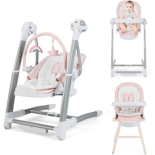 BABY JOY Baby Swings for Infants, 3 in 1 Foldable High Chair w/ 8 Adjustable Height, 5-Position Backrest, 3 Timer Settings, 12 Melodies and 5 Natural Sounds, Booster Seat for Dining Table (Pink)