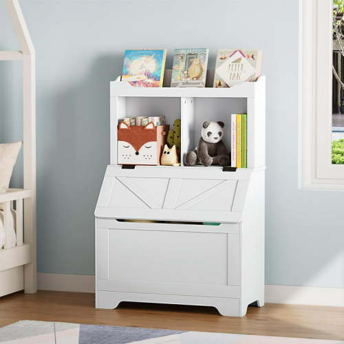 Juiluna Kids Bookshelf and Toy Storage Organizer, Large Wooden Toy Box Chest with Flip-top Lid and Cubby, 3-Tire Children's Bookcase with Toy Storage Cabinet