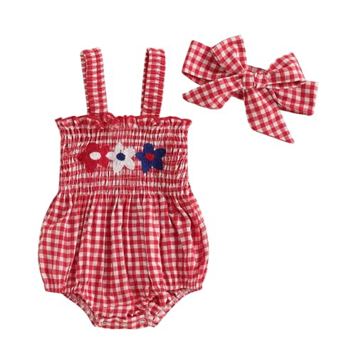 4th of july Baby Girl outfits Newborn USA Romper Sleeveless Plaid Jumpsuit Headband Independence Day Clothes