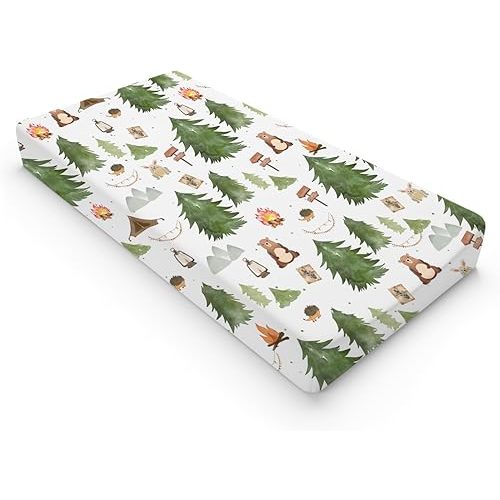 Animals Camping Forest Changing Pad Covers Bear Hedgehog Rabbit Trees Mountain Diaper Changing Table Cover for Boy Girs Soft Stretch Fitted Baby Change Table Pad Covers Mats 32''x16''