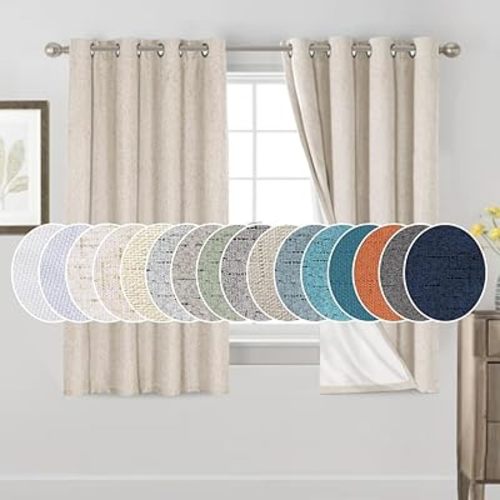 PrinceDeco Primitive Textured Linen 100% Blackout Curtains for Bedroom/Living Room Energy Saving Window Treatment Curtain Drapes, Burlap Fabric with White Thermal Insulated Liner (52 x 63in, Natural)