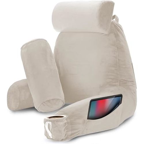 Nestl Reading Pillow with Shredded Memory Foam Includes 2 Neck and Lumber Support Pillows, Designed for Sitting Up in Bed and Couch, Back and Arms Adjustable Support for Adult & Teens, Linen