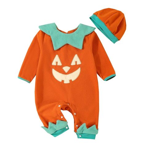 Ledy Champswiin 2Pcs Neutral Outfits Newborn Baby Boy Girl Pumpkin Romper Jumpsuit My 1st Halloween Clothes with Hat