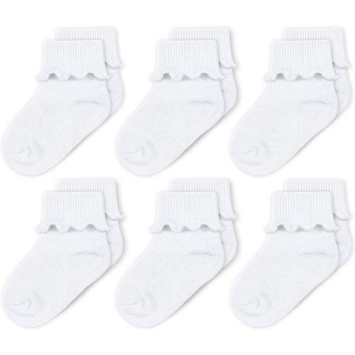 Cozyway Baby-Girls Socks 6 Pack Ruffle Ripple Edge Turn Cuff Socks for Baby Toddler Girls, White, 0-9 Months
