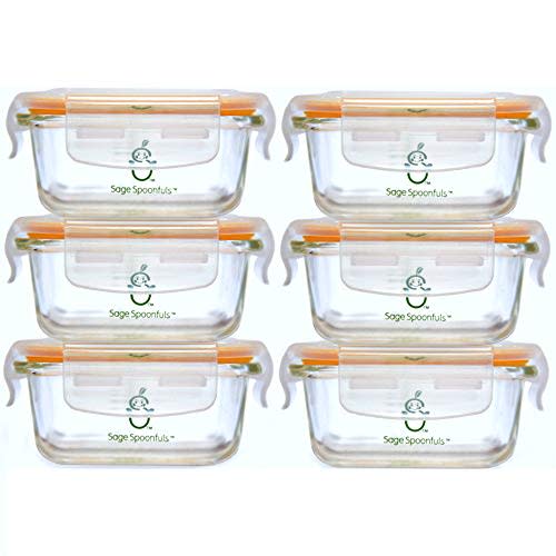 Sage Spoonfuls Borosilicate Glass Baby Food Containers with Lids - Durable and Airtight - Dishwasher, Oven, Microwave, & Fridge Safe - 24 Fl Oz, Pack of 6 - Clear