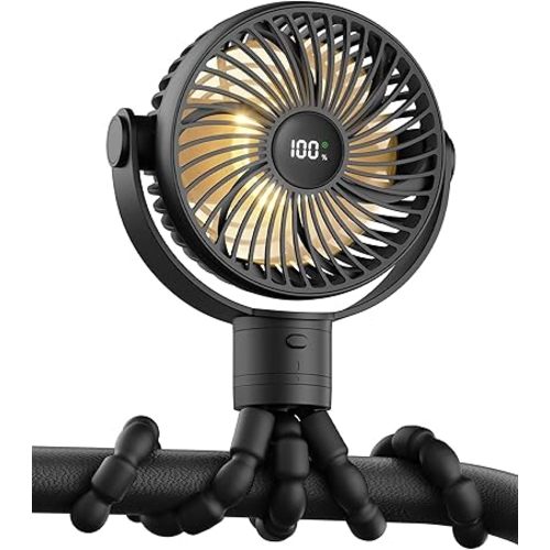 Portable Stroller Fan, 4000mAh Rechargeable Battery Fans, 3 Brightness Night Lights, 4 Speeds, LED Display, Clip on Baby Fan with Flexible Tripod for Car Backseat Travel Beach Camping, Black