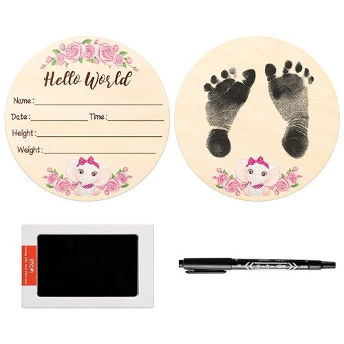 Baby Birth Announcement Sign with Marker Pen, Pink Elephant Baby Name Sign with Ink Pad for Hand and Footprints, Wooden Hello World Newborn Announcement Nursery Decor Keepsake Gifts