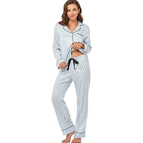 Women's Satin Pajama Set Long Sleeve Button Down Sleepwear 2-Piece Silky Pj Set