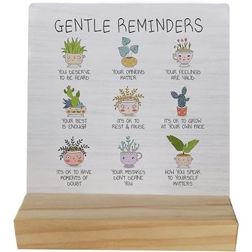 Mental Health Gentle Reminders Table Wood Plaque Sign,Cute Potted Plants Wooden Stand Wood Sign Desk Decor for Home Dorm Therapy Office Table Shelf,Self Motivated Gifts for Friends Coworkers Teens
