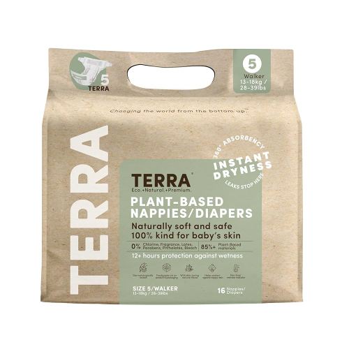 Terra Size 5 Plant-Based Diapers: Ultra-Soft & Chemical-Free for Sensitive Skin, Superior Absorbency for Day or Night, Toddlers 28-39 Pounds, 16 Count